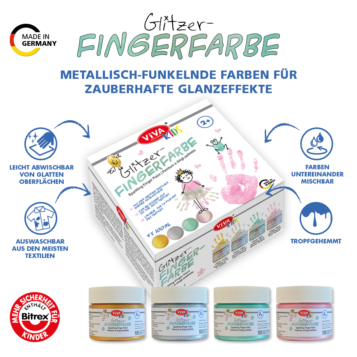 Viva Kids Vingerverf Glitter Set – 4x 100 Ml Gallery Image 1